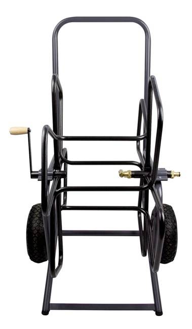 Czarny nawijak do węży ogrodowych z dwoma kółkami i korbką, ułatwiający transport i przechowywanie węży ogrodowych.