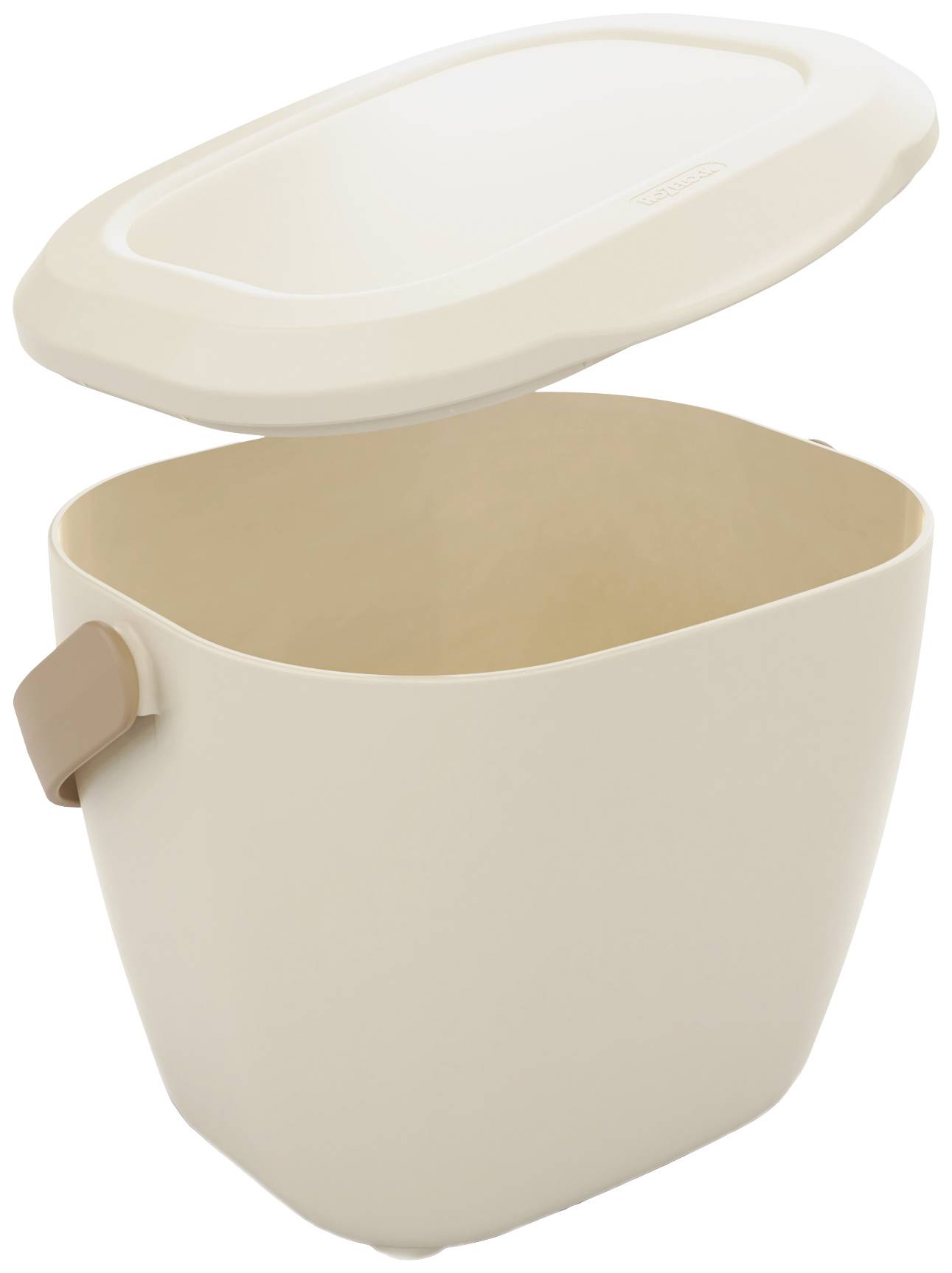 Otwarty, beżowy pojemnik plastikowy z uchylaną pokrywą, odpowiedni do przechowywania odpadów lub magazynowania.