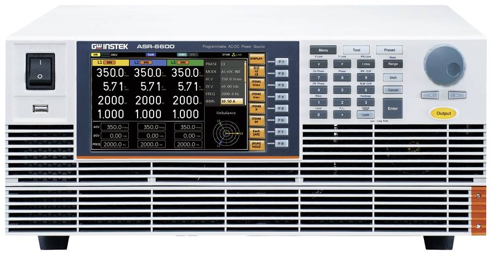 Programowalne urządzenie zasilające z wyświetlaczem cyfrowym, wyświetlające różne wartości napięcia i natężenia prądu; klawiatura do obsługi.