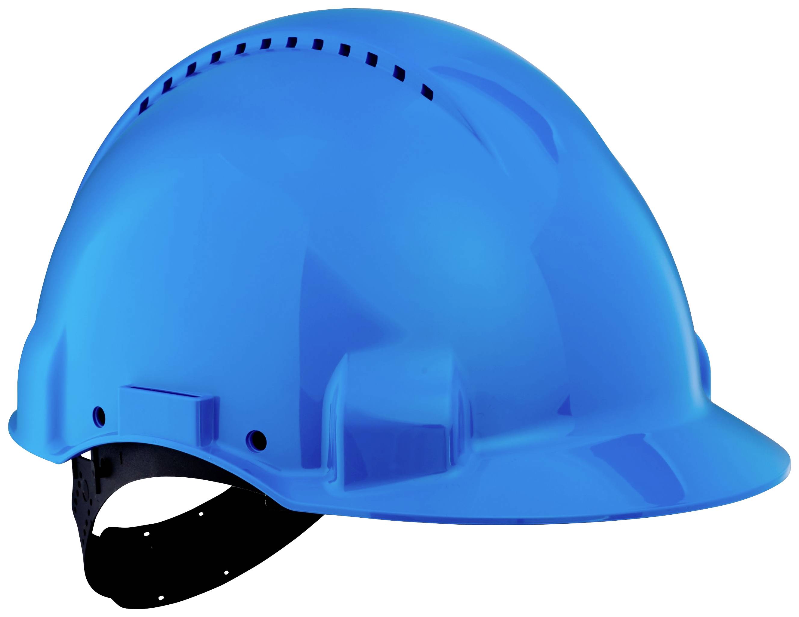 Niebieski kask budowlany z otworami wentylacyjnymi i regulowanym paskiem pod brodę.