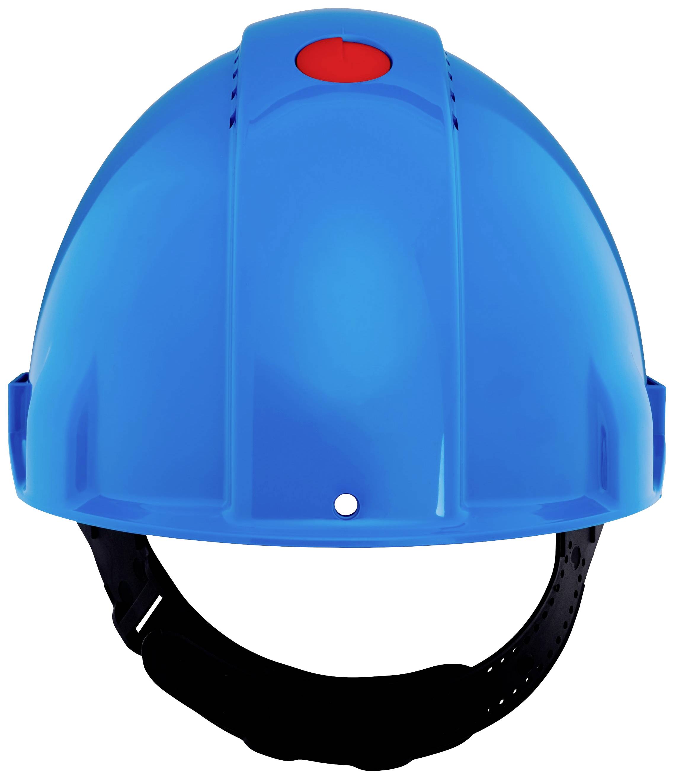 Niebieski kask ochronny z czerwonym guzikiem na czubku, używany do zapewnienia bezpieczeństwa w miejscu pracy.