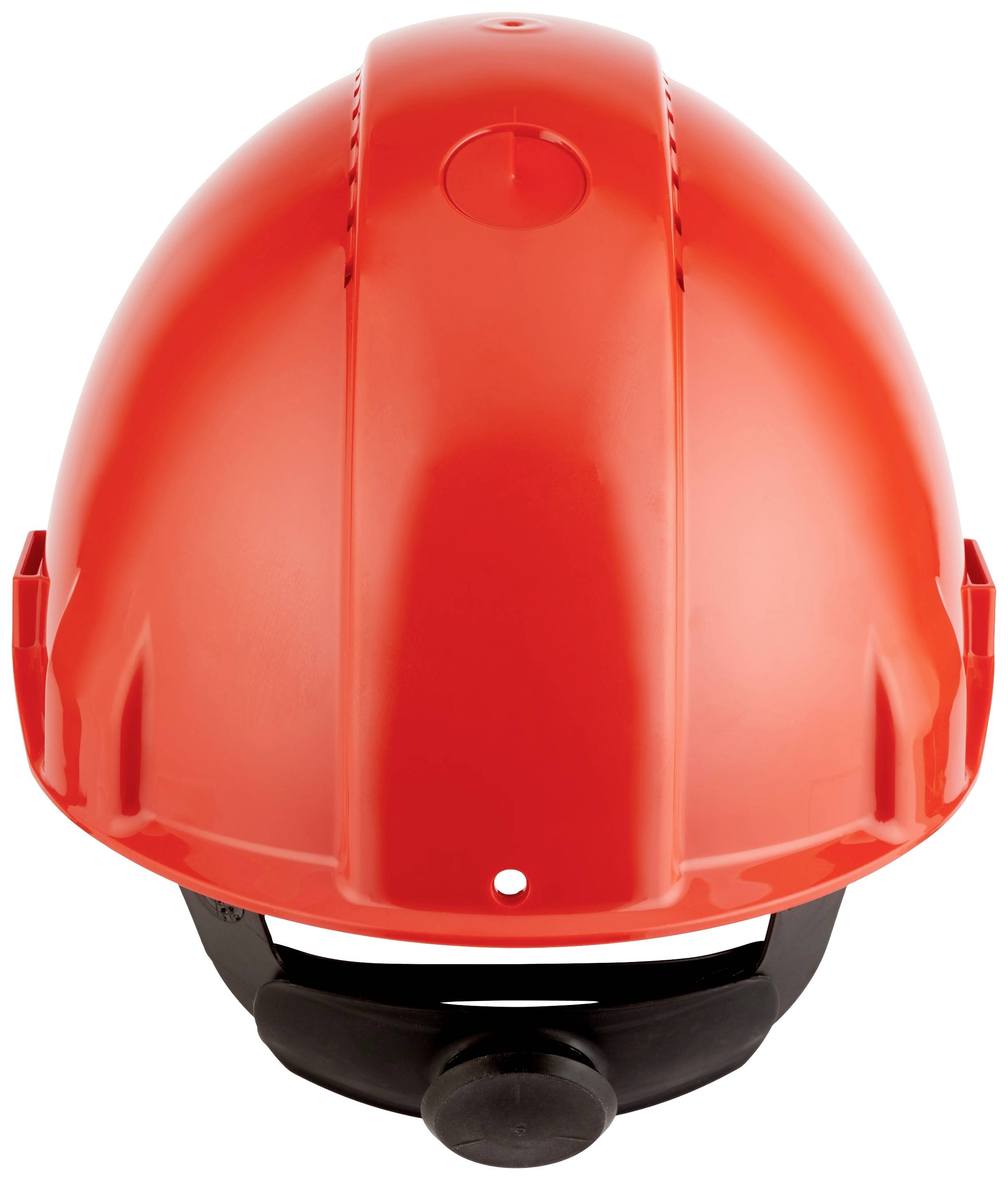 Czerwony kask ochronny widziany z góry, symbolizuje bezpieczeństwo podczas prac budowlanych lub w niebezpiecznych środowiskach.