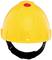 Żółty kask budowlany z czerwonym guzkiem na czubku, na białym tle.