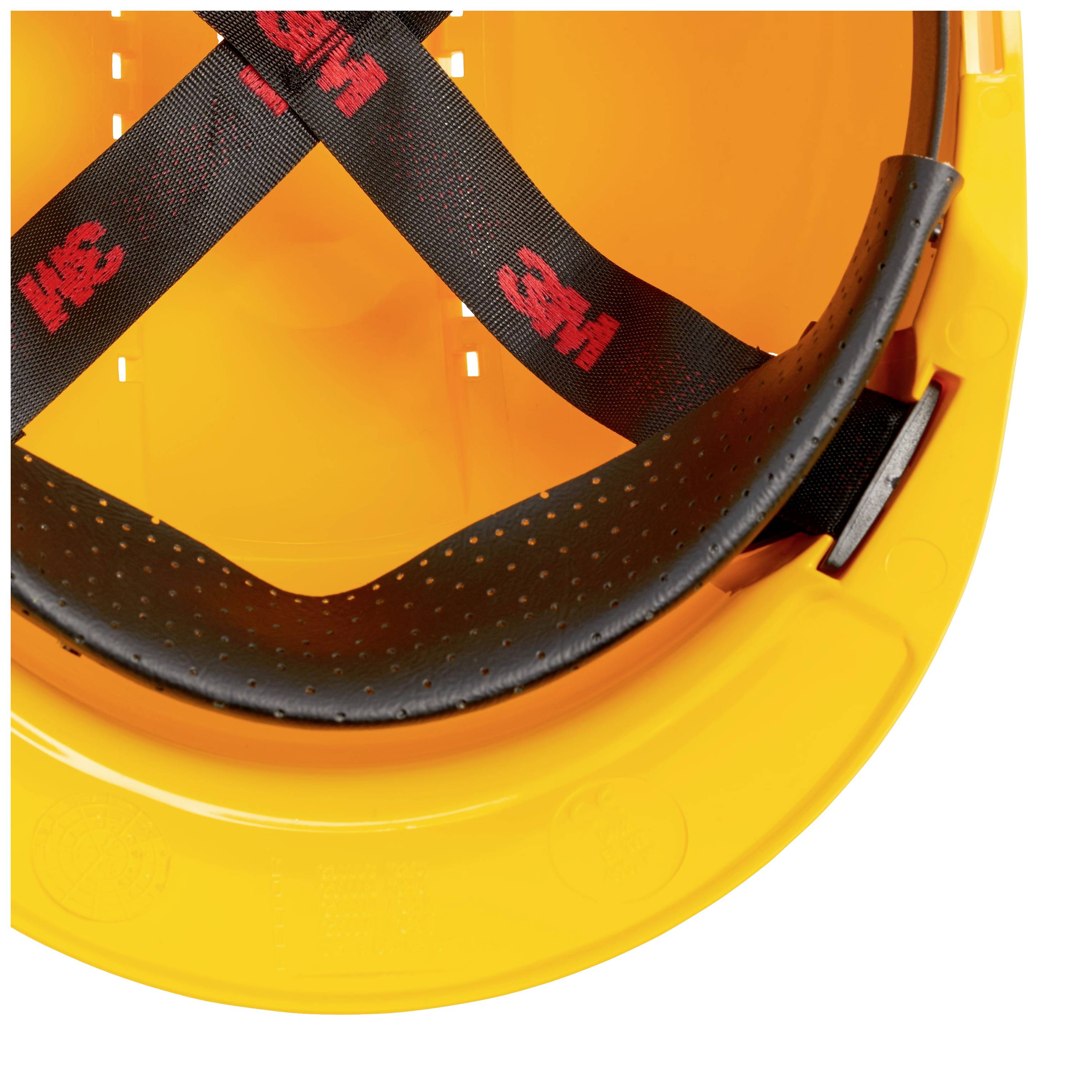 Żółty kask ochronny widziany od wewnątrz, ukazujący paski i wyściółkę.