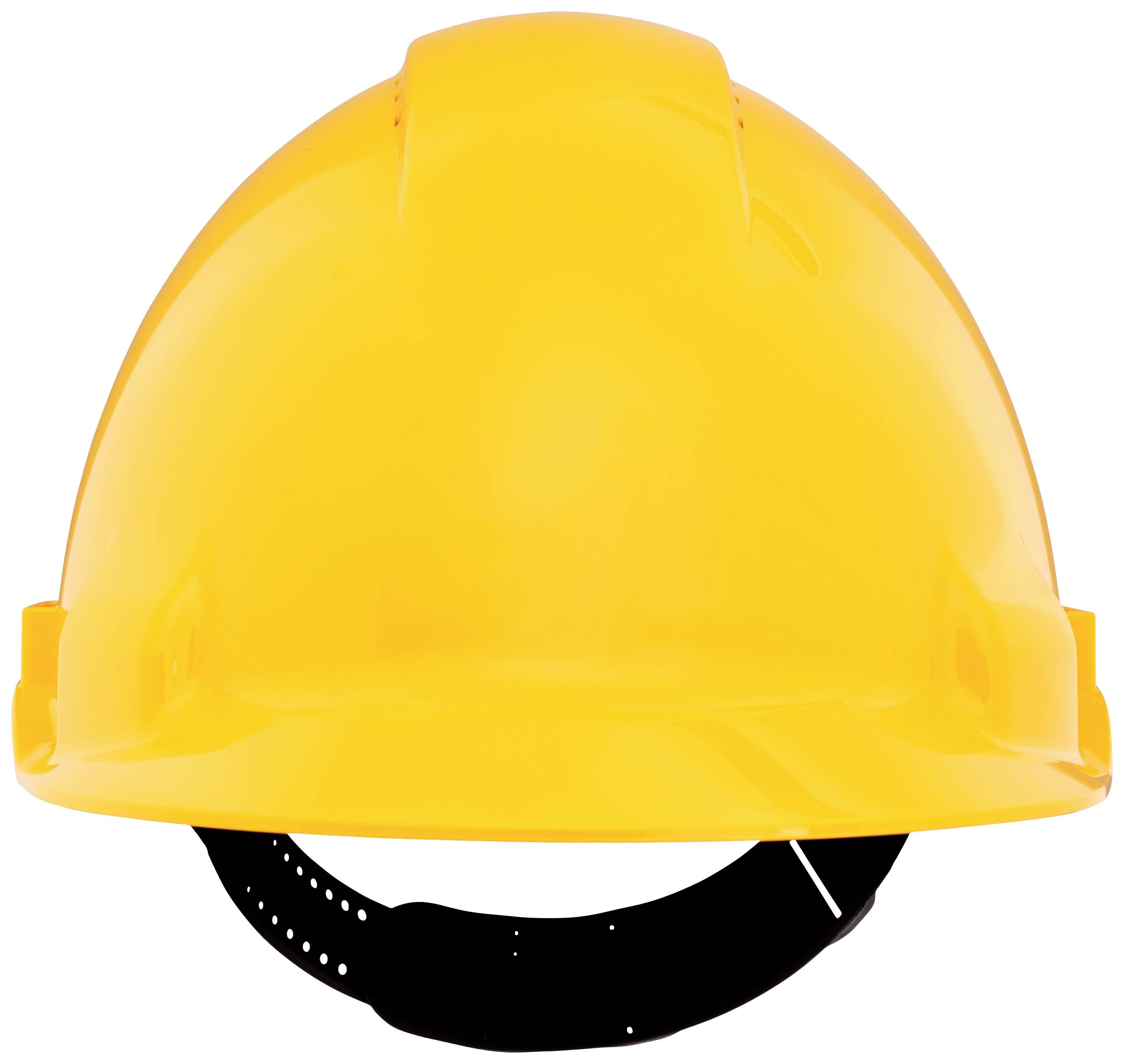 Żółty kask bezpieczeństwa, ujęcie z przodu. Niezbędny w ochronie pracy na budowach i w środowiskach przemysłowych.