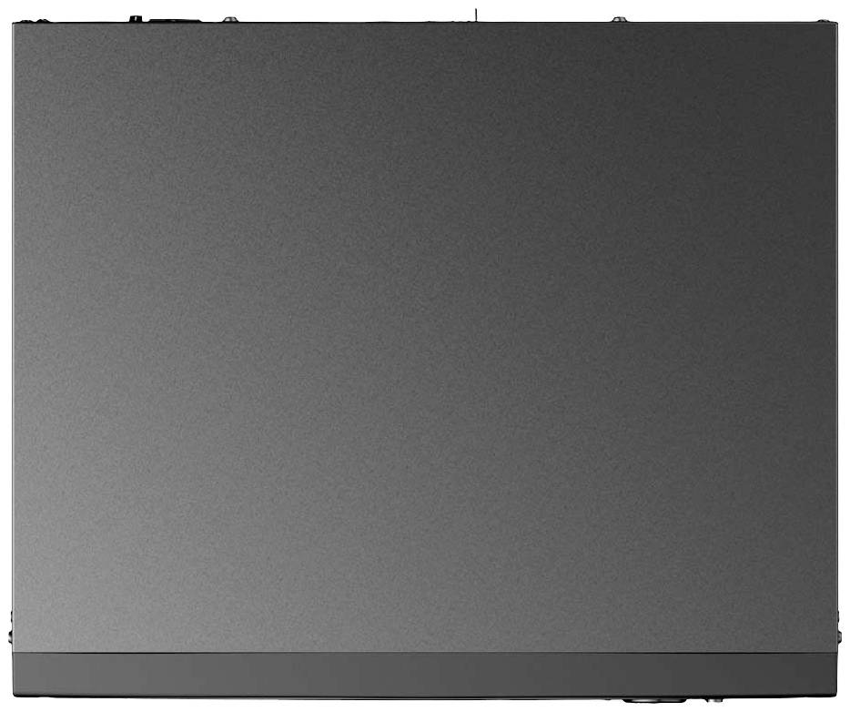 Laptop widziany z góry, zamknięty, o błyszczącej czarnej powierzchni.