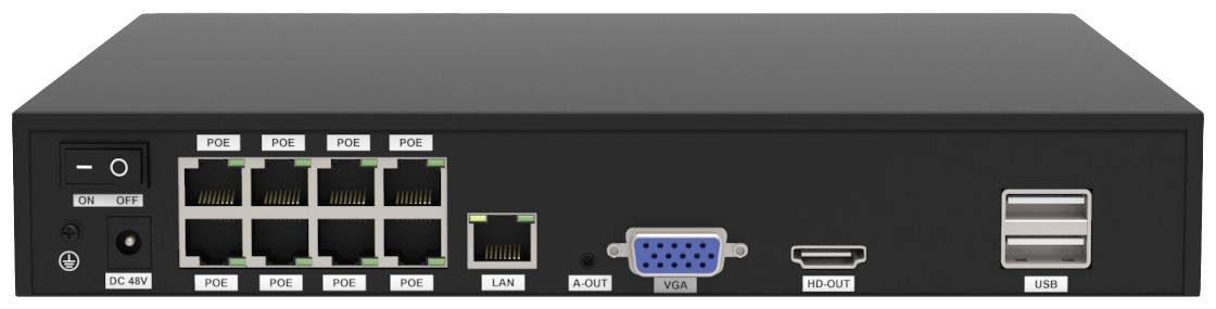 Urządzenie sieciowe z 8 portami Ethernet, wyjściem VGA, wyjściem HDMI, wyjściem audio oraz dwoma gniazdami USB; widok z tyłu.