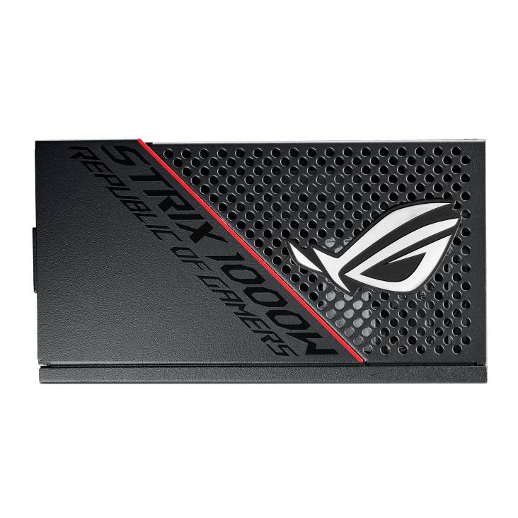Karta graficzna w czarnej obudowie z otworami wentylacyjnymi. Napis: 'STRIX 1000W REPUBLIC OF GAMERS'. Logo w prawym dolnym rogu.