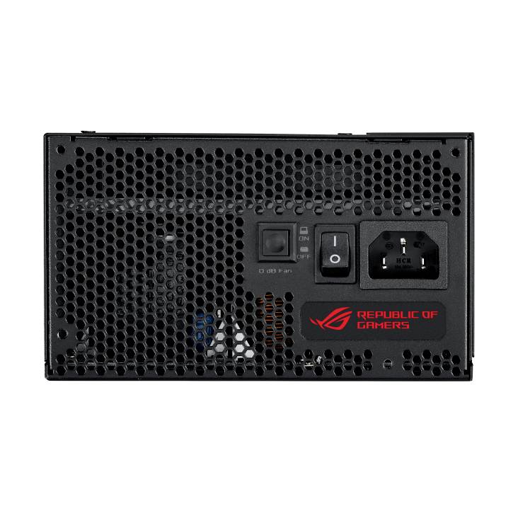 Czarny zasilacz komputerowy z kratką wentylacyjną, włącznikiem, gniazdem kabla zasilającego i logo 'Republic of Gamers'.