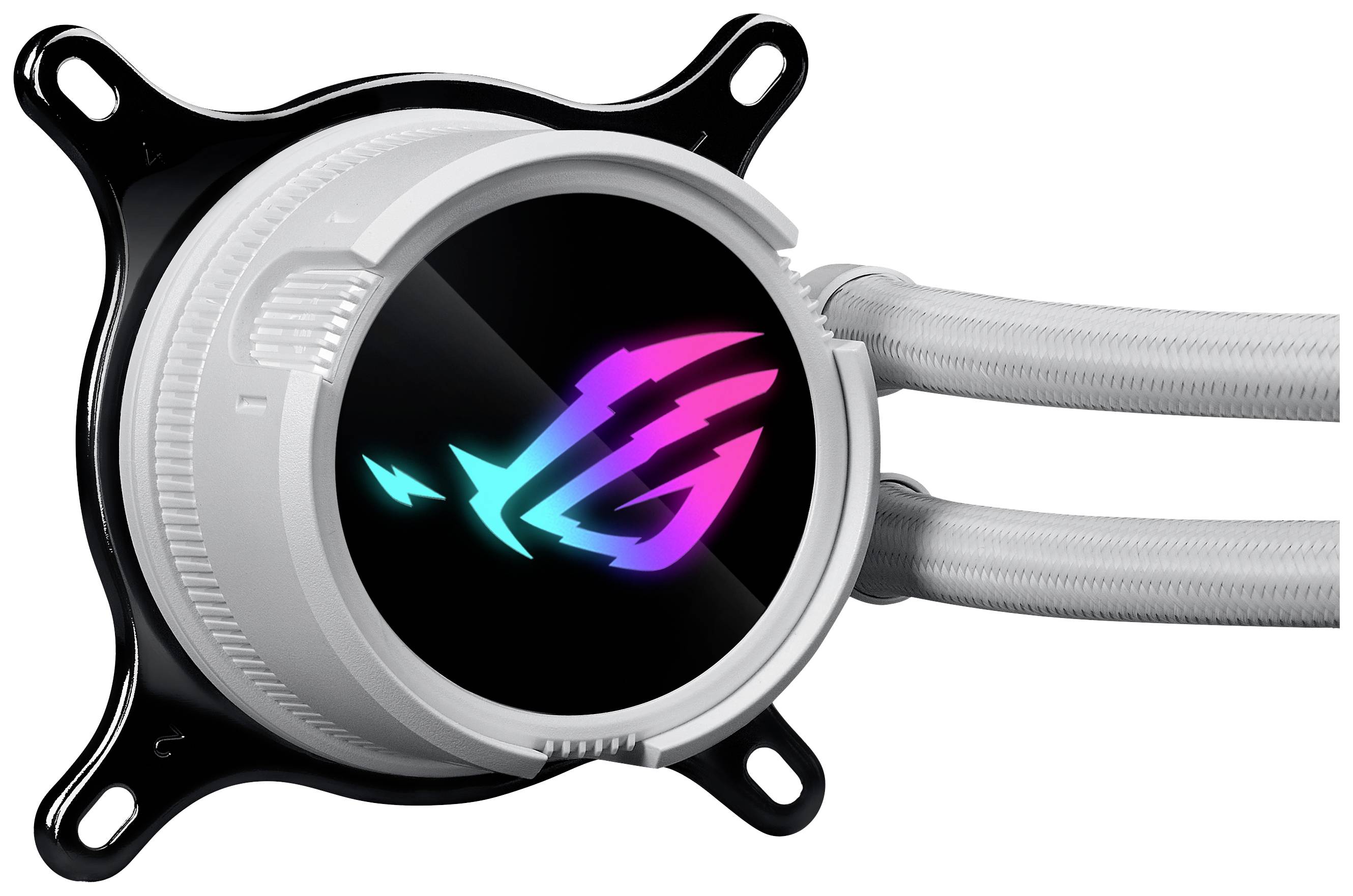 Czarny i srebrny radiator procesora z świecącym, kolorowym logo pośrodku oraz dwoma podłączonymi, szarymi przewodami po prawej stronie.