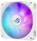 Biały wentylator komputerowy z kolorowymi, dynamicznymi efektami świetlnymi LED w odcieniach niebieskiego, fioletowego i czerwonego. W centrum widoczne jest stylizowane logo.
