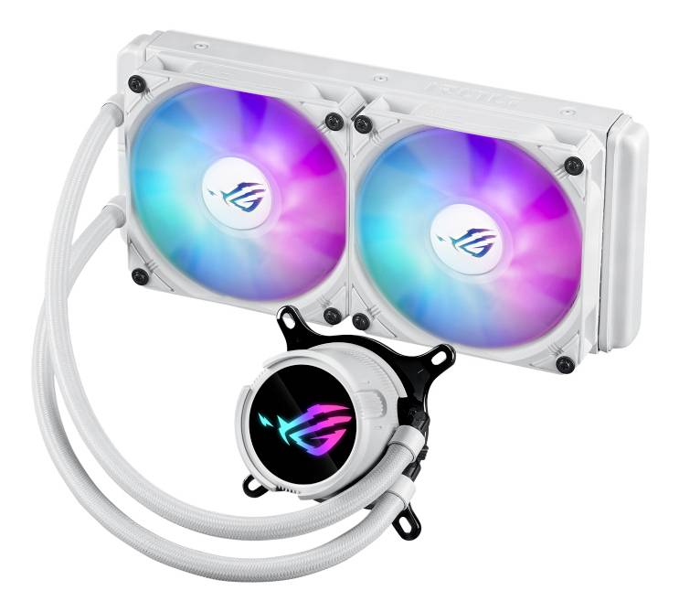 Dwa wentylatory komputerowe z podświetleniem RGB, wyposażone w biały radiator oraz okrągły, podświetlony blok chłodzący CPU z logo pośrodku.