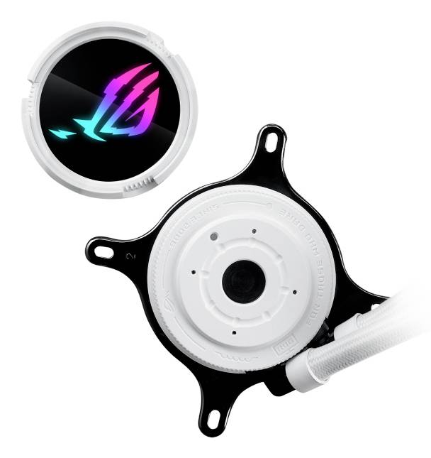 Biała jednostka chłodząca do komputera z czarnym elementem cyrkularnym, prezentująca kolorowe, świecące logo.