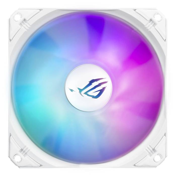 Kolorowy wentylator komputerowy z podświetleniem RGB, świecący w różnych odcieniach - od niebieskiego przez fioletowy aż po różowy.