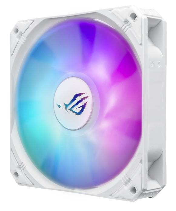 Wentylator komputerowy z podświetleniem RGB, wyświetlający różne kolory wewnątrz obudowy. Przeważają odcienie niebieskiego i różowego, projekt bez konkretnej marki.