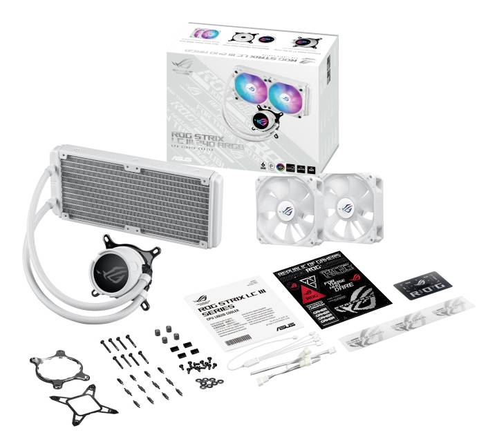 Zestaw chłodzący z dwoma wentylatorami, radiatorem, akcesoriami i opakowaniem na białym tle. Zawiera instrukcję montażu i naklejki.