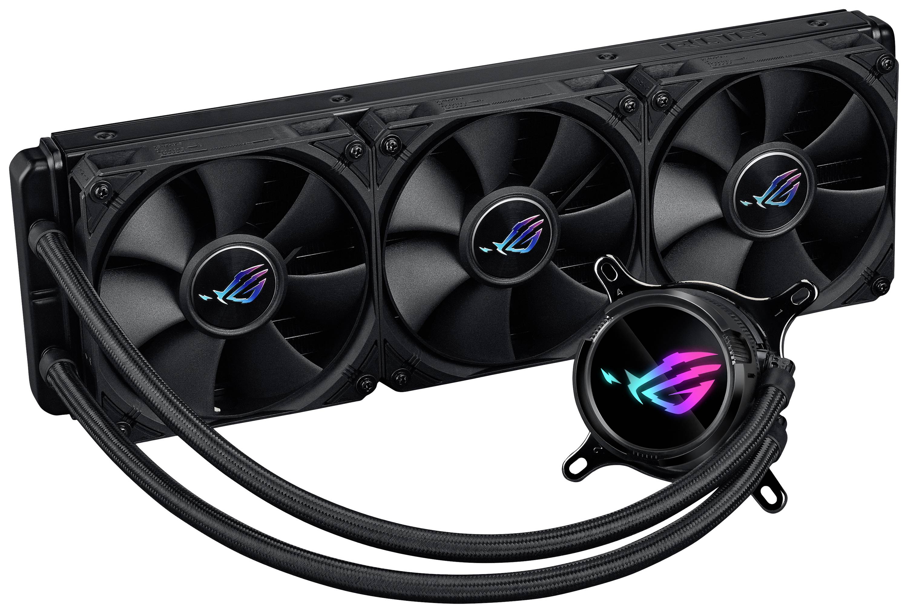 Czarny, błyszczący, potrójny chłodnik z podświetleniem RGB i przewodami, przeznaczony do chłodzenia procesorów komputerowych.