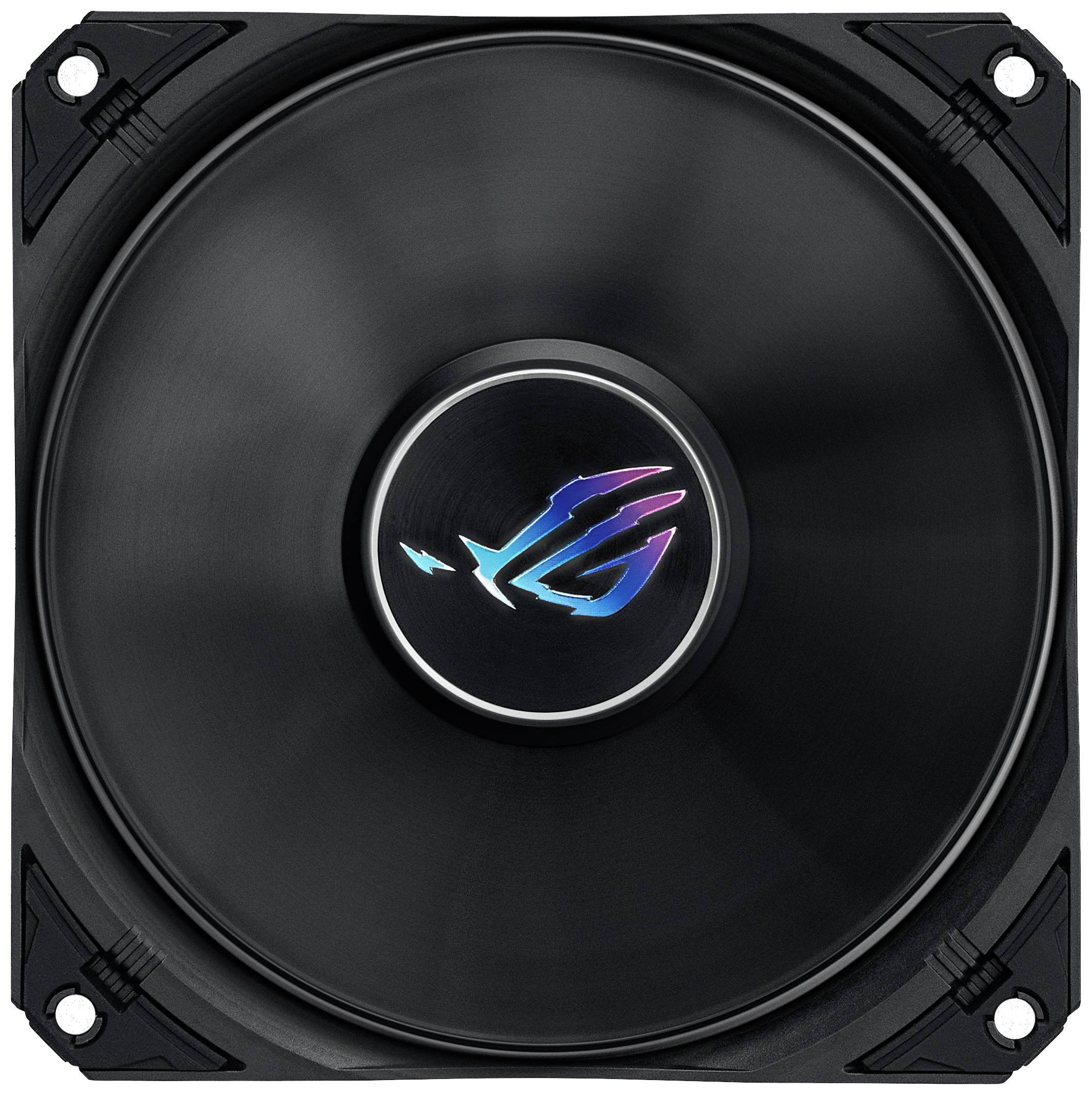 Czarny wentylator komputerowy z świecącym logo pośrodku, przedstawiającym stylizowane 'JG'.