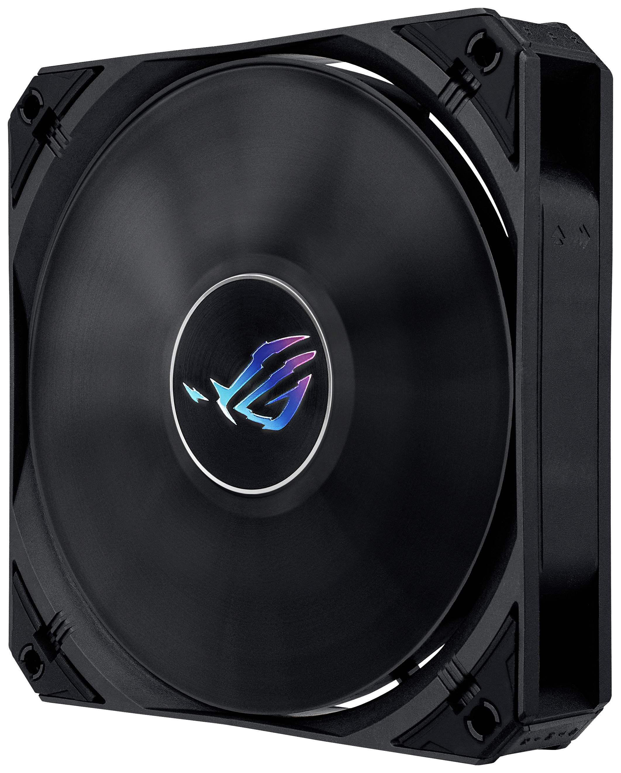 Czarny wentylator komputerowy w kształcie kwadratu z kolorowym logo umieszczonym centralnie.