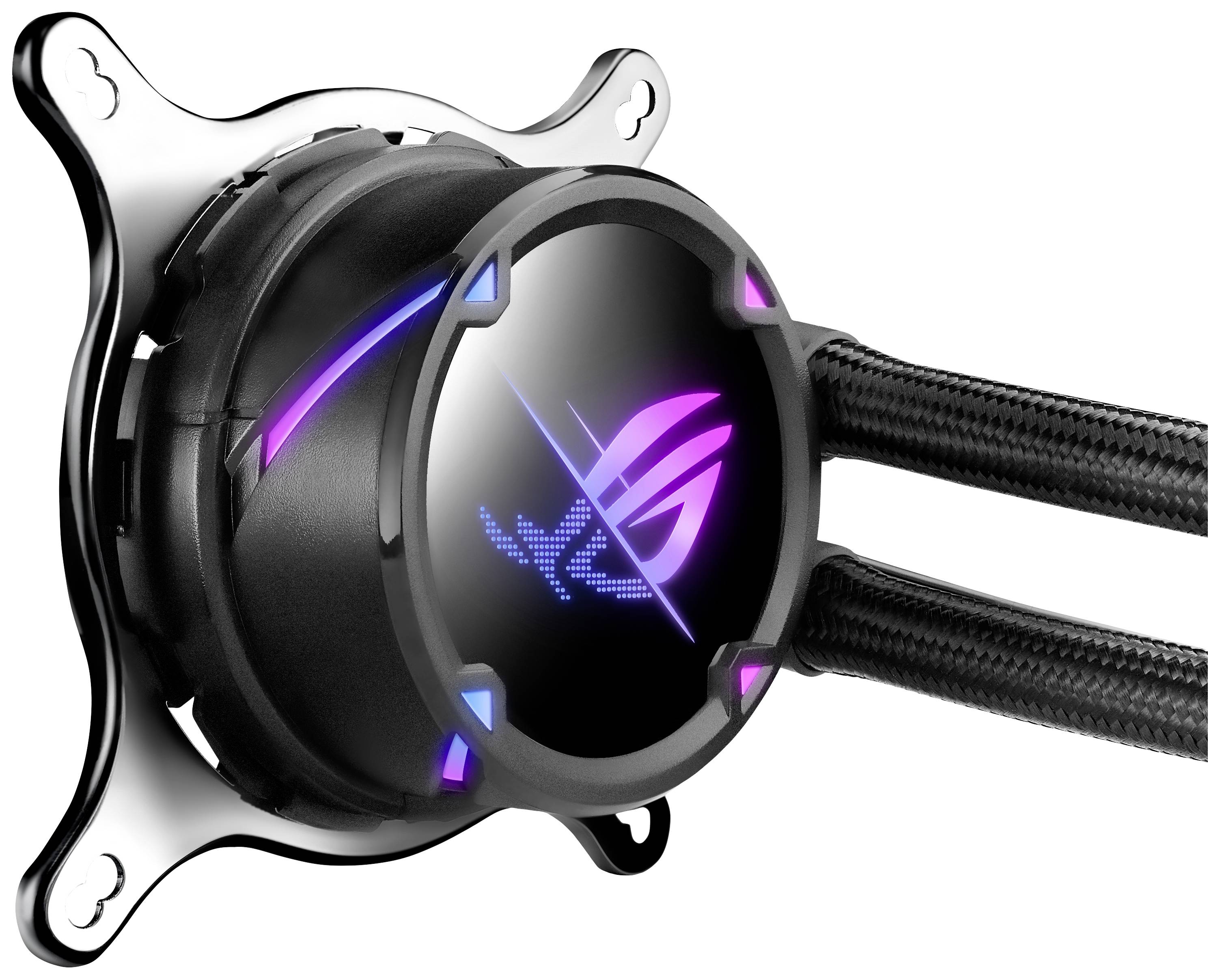 Chłodnica cieczowa w czarnej obudowie, z podświetleniem RGB i dwoma przewodami, przeznaczona do stosowania w procesorach komputerowych.