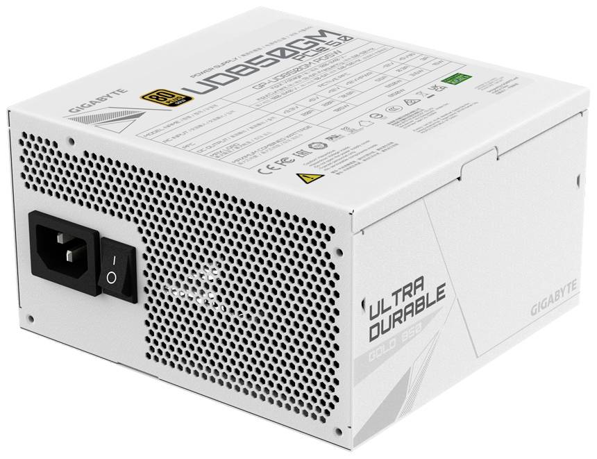 Zasilacz Gigabyte, model 'UD850GM PG5', z kratką wentylacyjną, włącznikiem i napisem 'Ultra Durable' na boku.