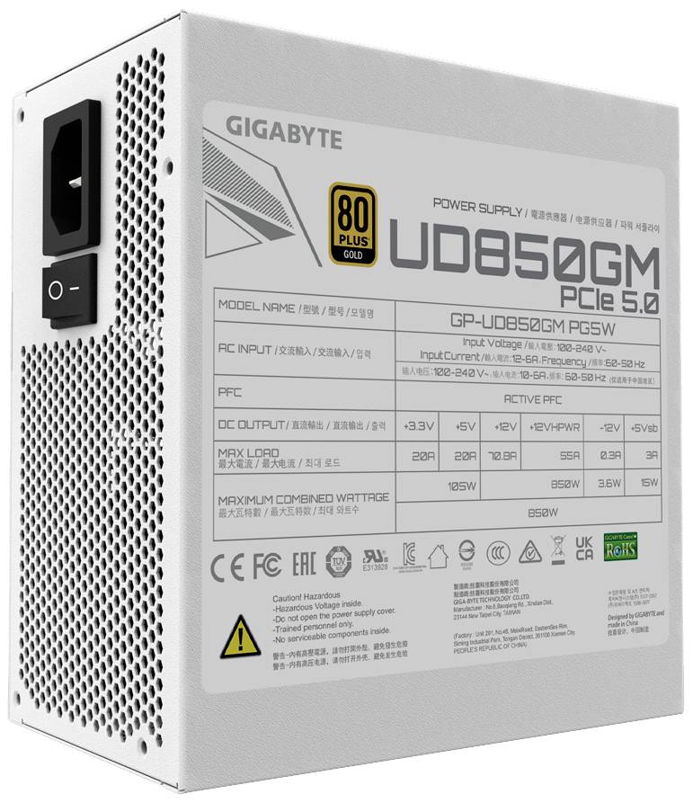 Zasilacz GIGABYTE, model UD850GM 5.0, 850W, 80 Plus Gold, PCIe 5.0, prezentujący specyfikacje takie jak napięcie, wyjście i sprawność.