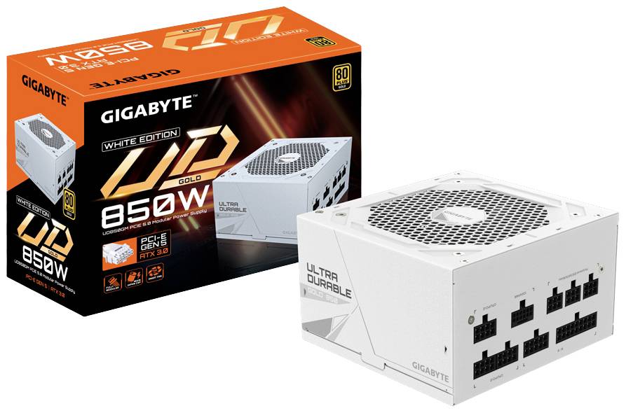 Białe pudełko zasilacza Gigabyte 850W 'White Edition', prezentujące certyfikat 80 Plus Gold. Obok zasilacz z wieloma złączami.