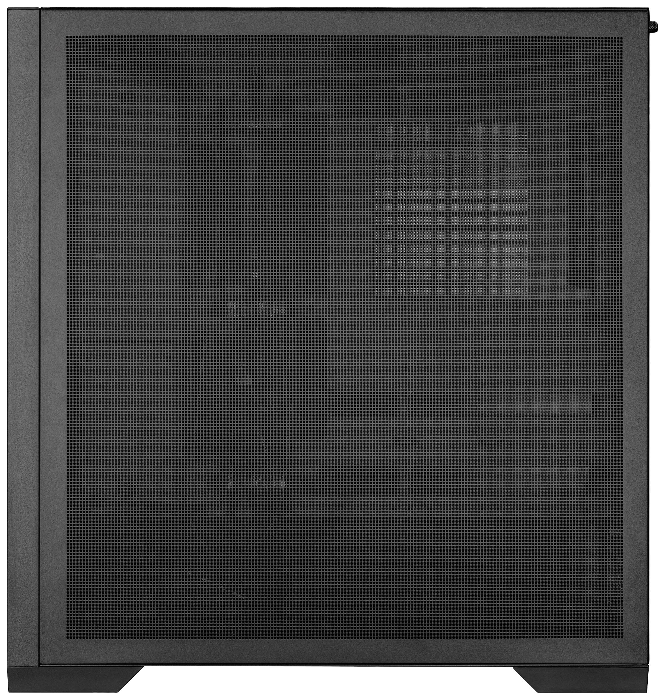 Czarna obudowa komputera z siatką wentylacyjną, ukazująca komponenty wewnętrzne i system chłodzenia.