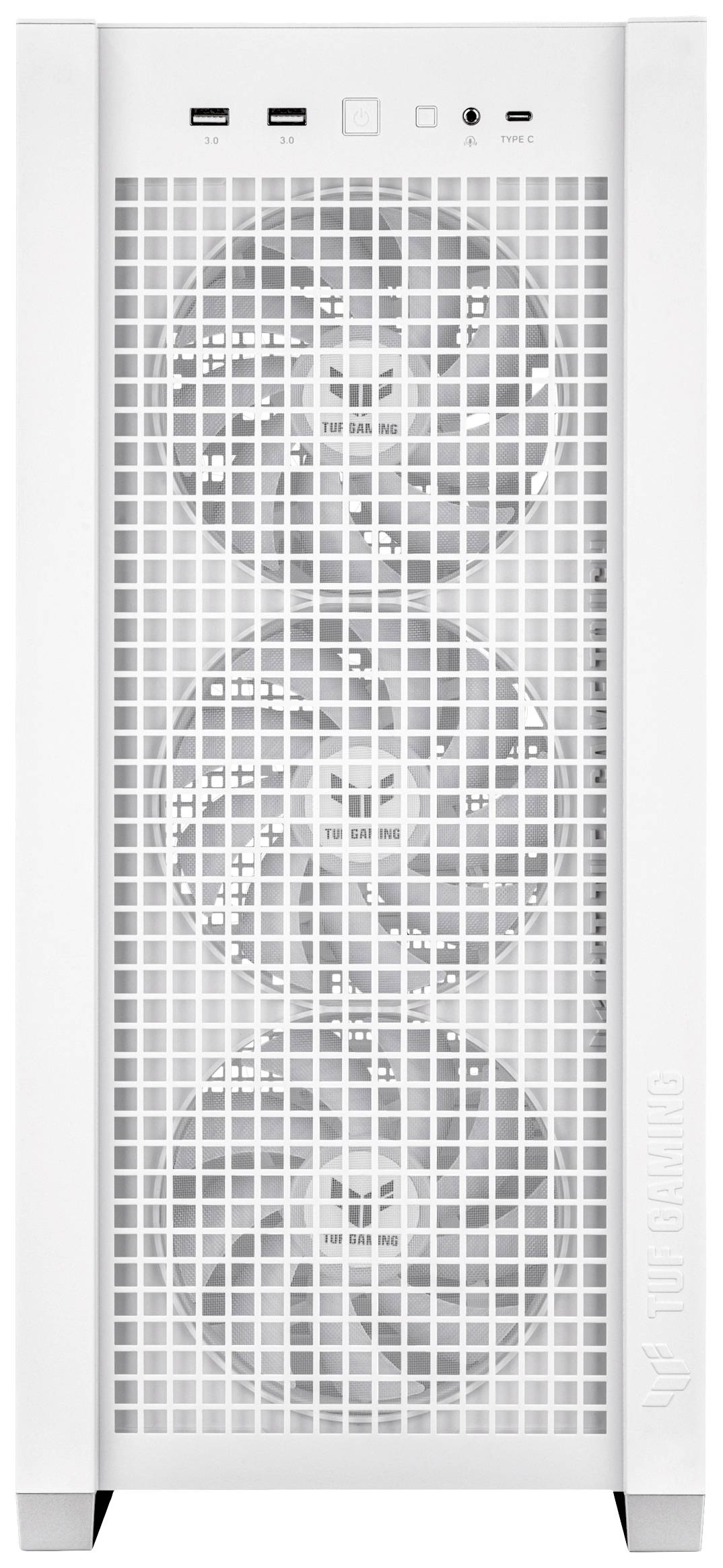 Białe obudowa komputera widziana z przodu, z trzema widocznymi wentylatorami za kratką, na górze znajduje się kilka złączy.