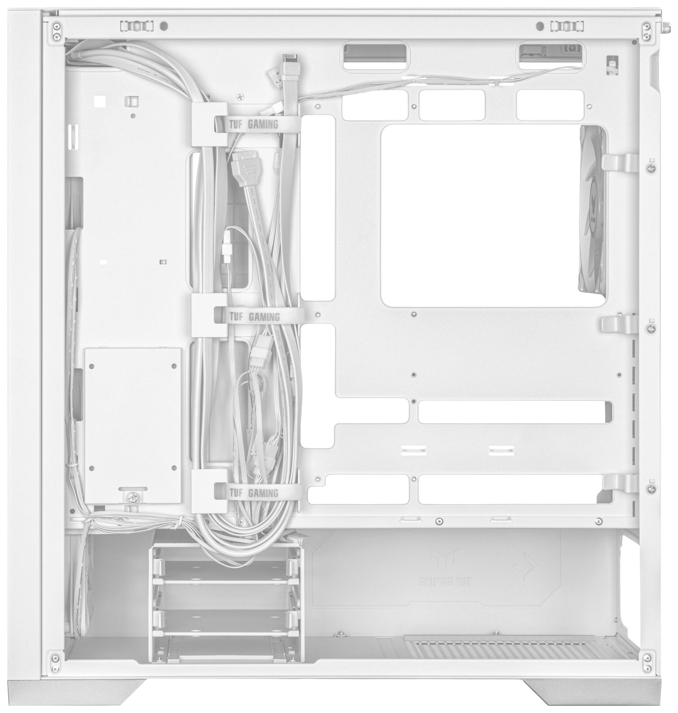 Obudowa komputerowa w kolorze białym, pusta bez jakichkolwiek komponentów. Widoczne mocowania kabli oraz kieszenie na napędy w dolnej części.