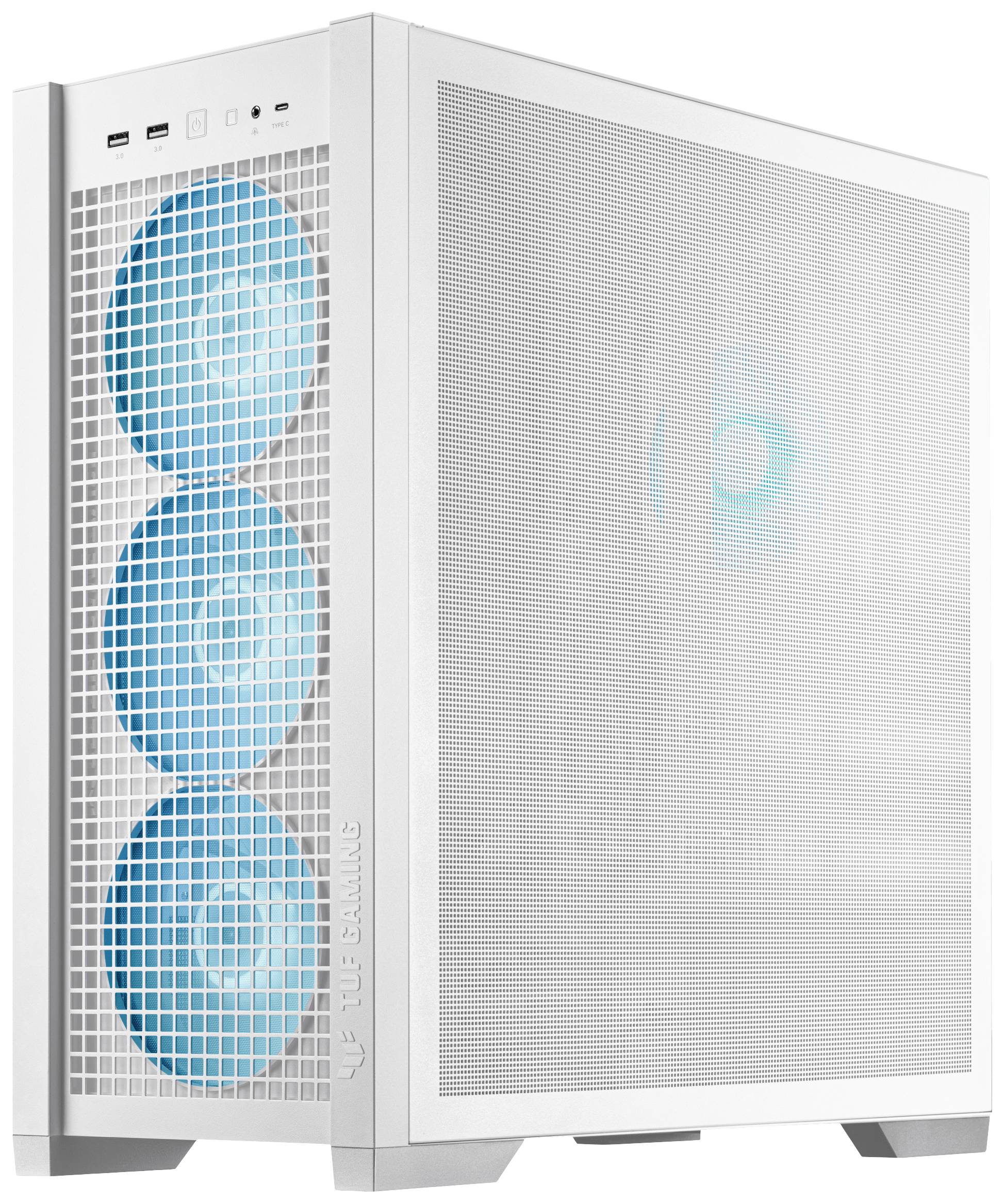 Białe obudowa komputera PC z trzema niebieskimi wentylatorami z przodu i logo TUF Gaming na boku.