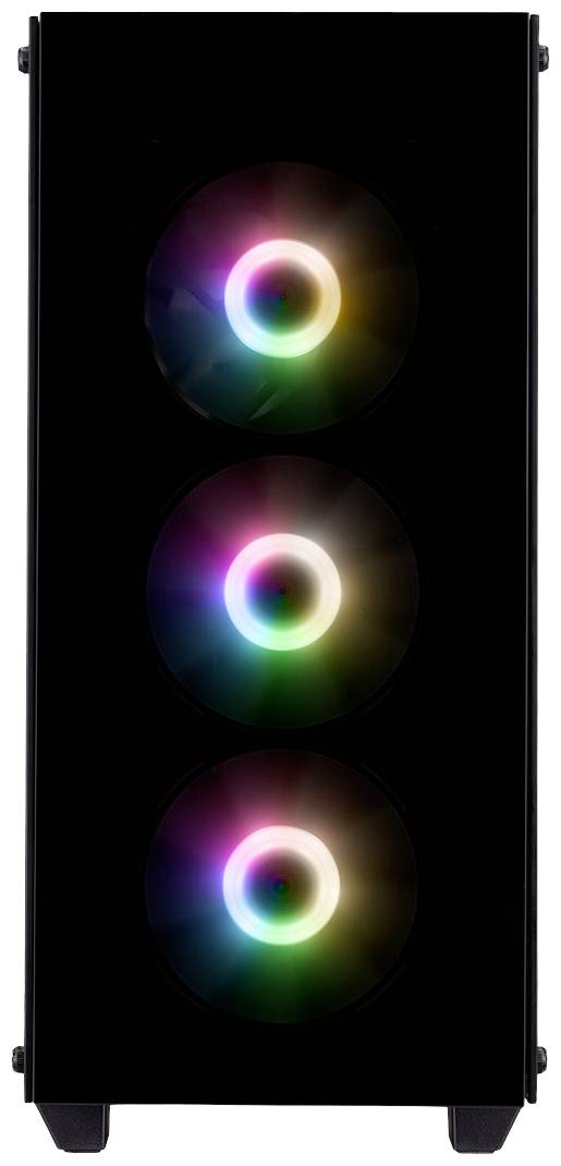 Czarna obudowa komputera z trzema pionowo rozmieszczonymi, kolorowo podświetlanymi wentylatorami na przedniej ścianie.
