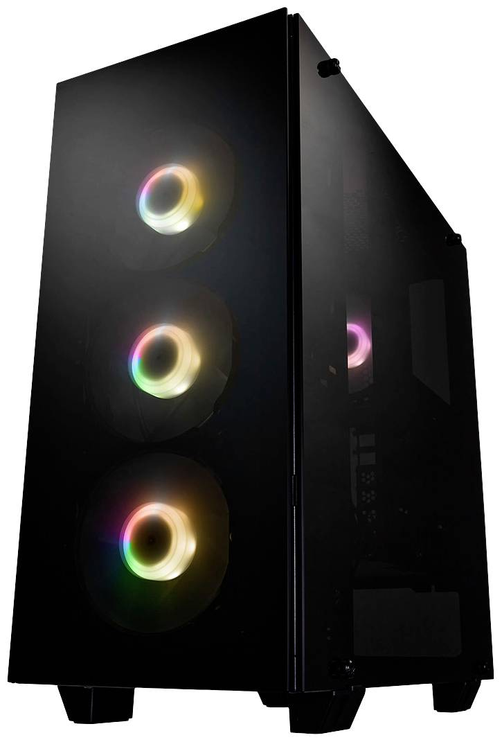 Czarna obudowa komputera z trzema świecącymi, kolorowymi wentylatorami z przodu, prezentująca nowoczesny design z przednią ścianką wykonaną ze szkła.