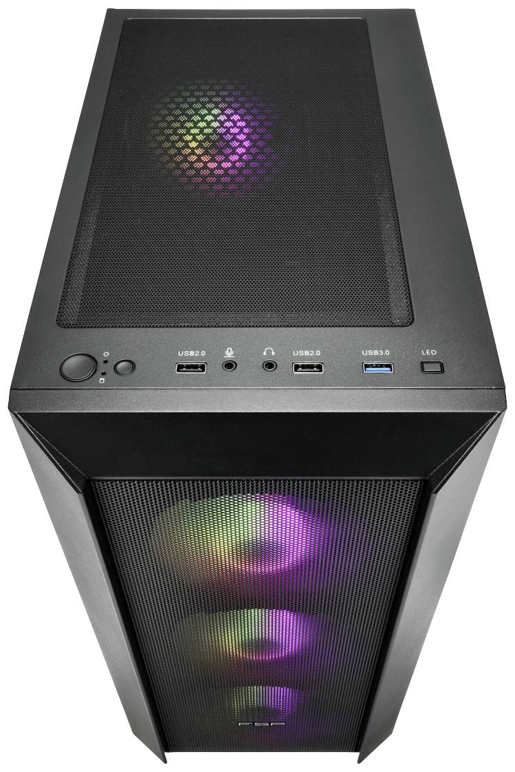 Czarna obudowa komputera z kolorowymi, podświetlanymi wentylatorami z przodu i na górze. Wyposażona w porty USB i sterowanie LED.