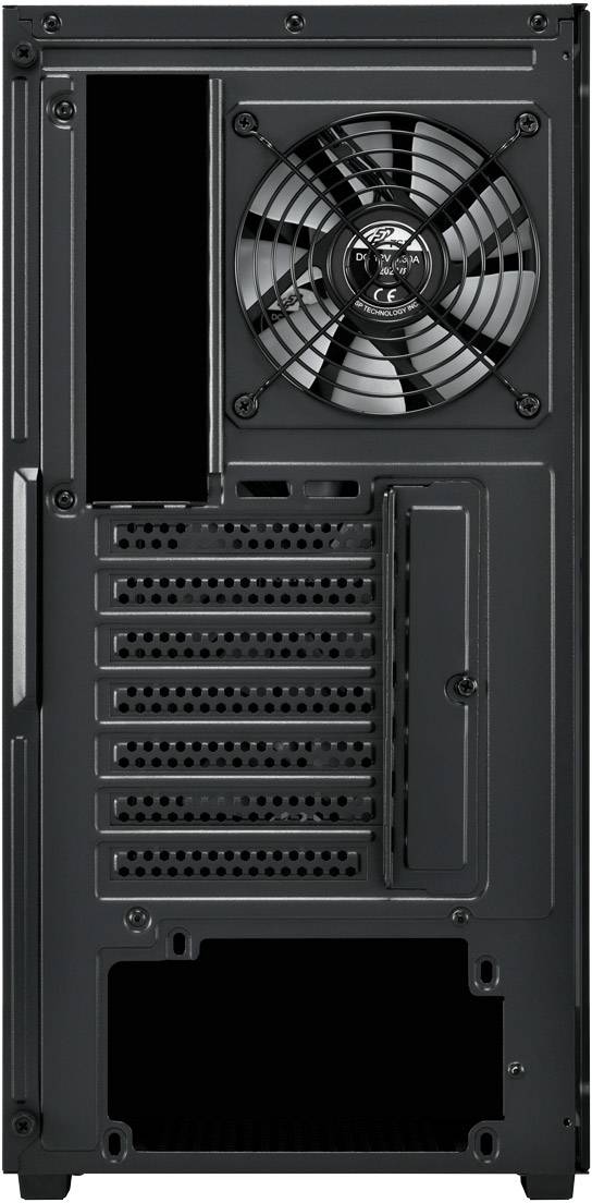 Tylna strona obudowy komputera z dużym wentylatorem u góry, kilkoma slotami rozszerzeń i przepustami kablowymi na dole.