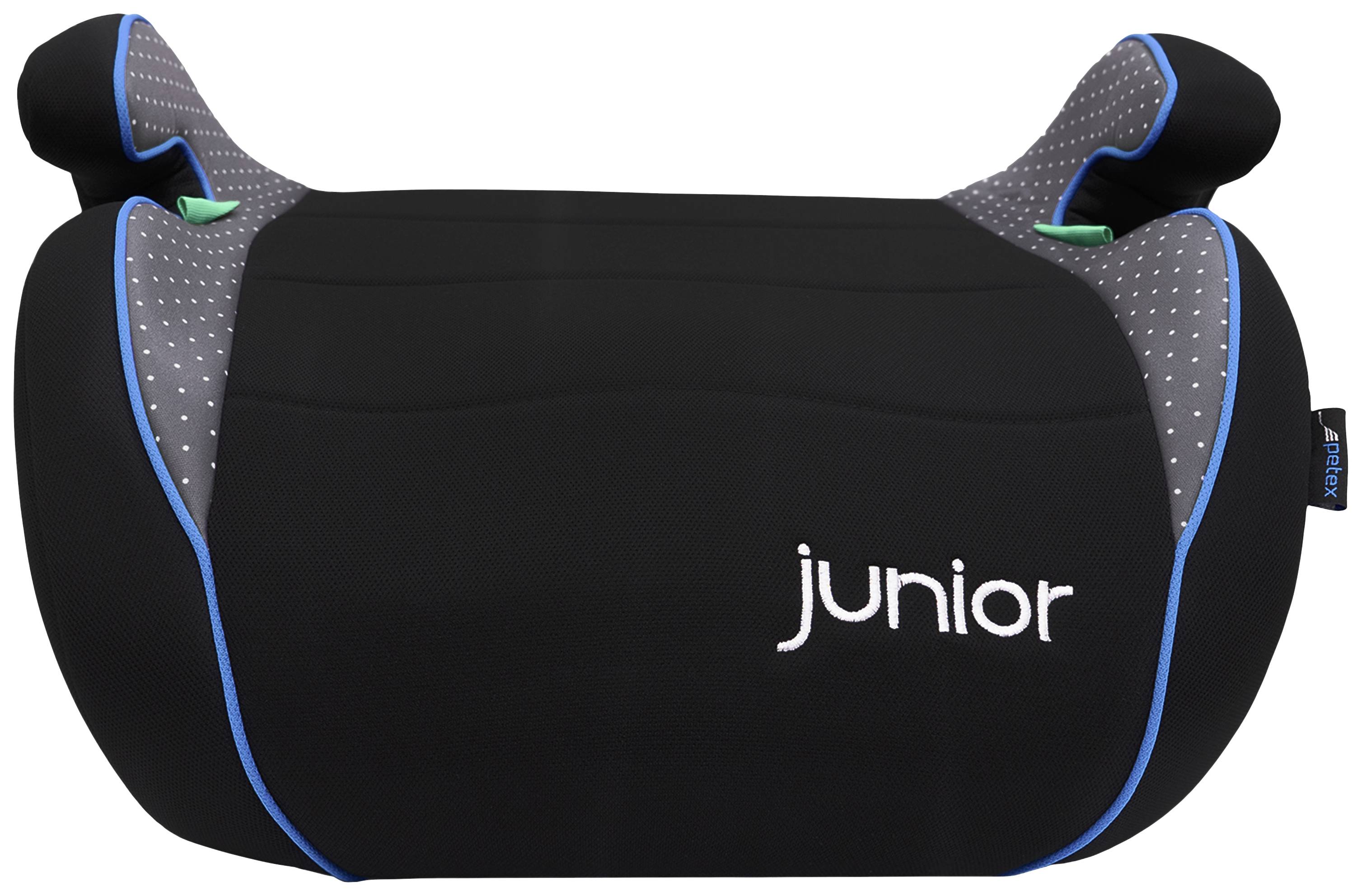 Poduszka siedzeniowa dla dzieci z napisem "junior", czarna z niebieskimi i szarymi akcentami, w ergonomicznym kształcie zapewniającym komfort.