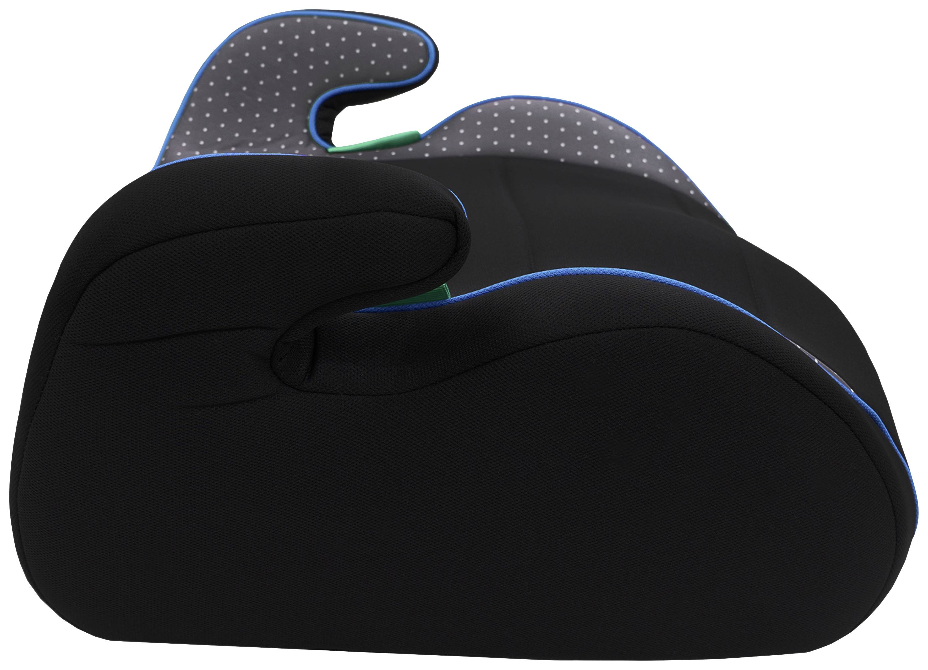 Czarny fotelik dziecięcy z szarymi, kropkowanymi elementami, widok z boku. Odpowiedni do samochodu, bez widocznych pasów lub zapięć.