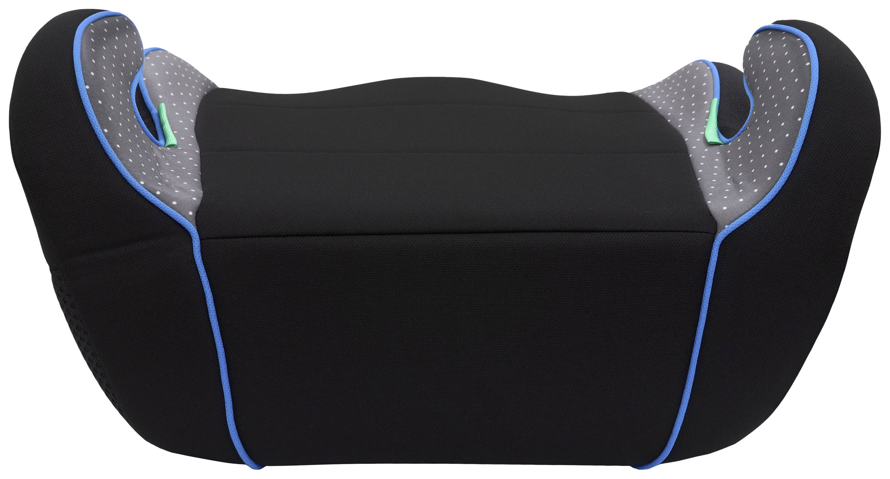 Czarny fotelik dziecięcy z szarymi, nakrapianymi wstawkami i niebieskimi przeszyciami, widok z przodu.