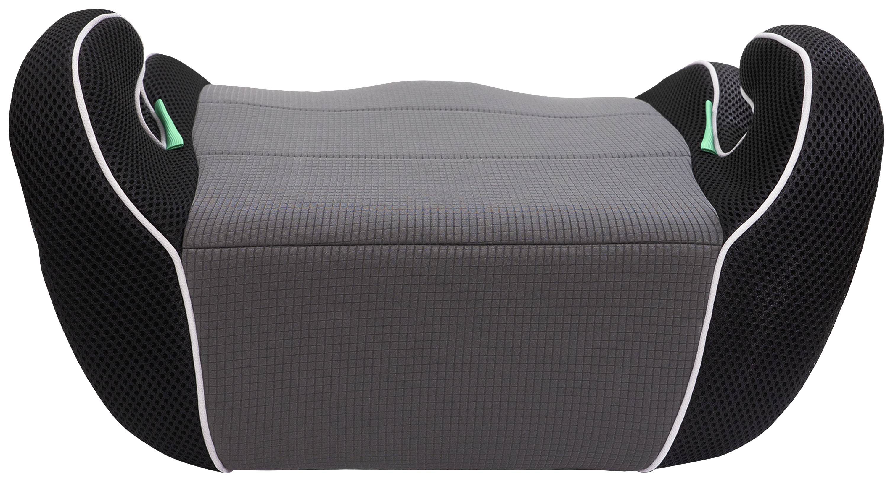 Czarno-szara podwyższka samochodowa dla dziecka z lekko wyściełaną tapicerką, przeznaczona do bezpiecznego przewożenia dzieci w pojeździe.