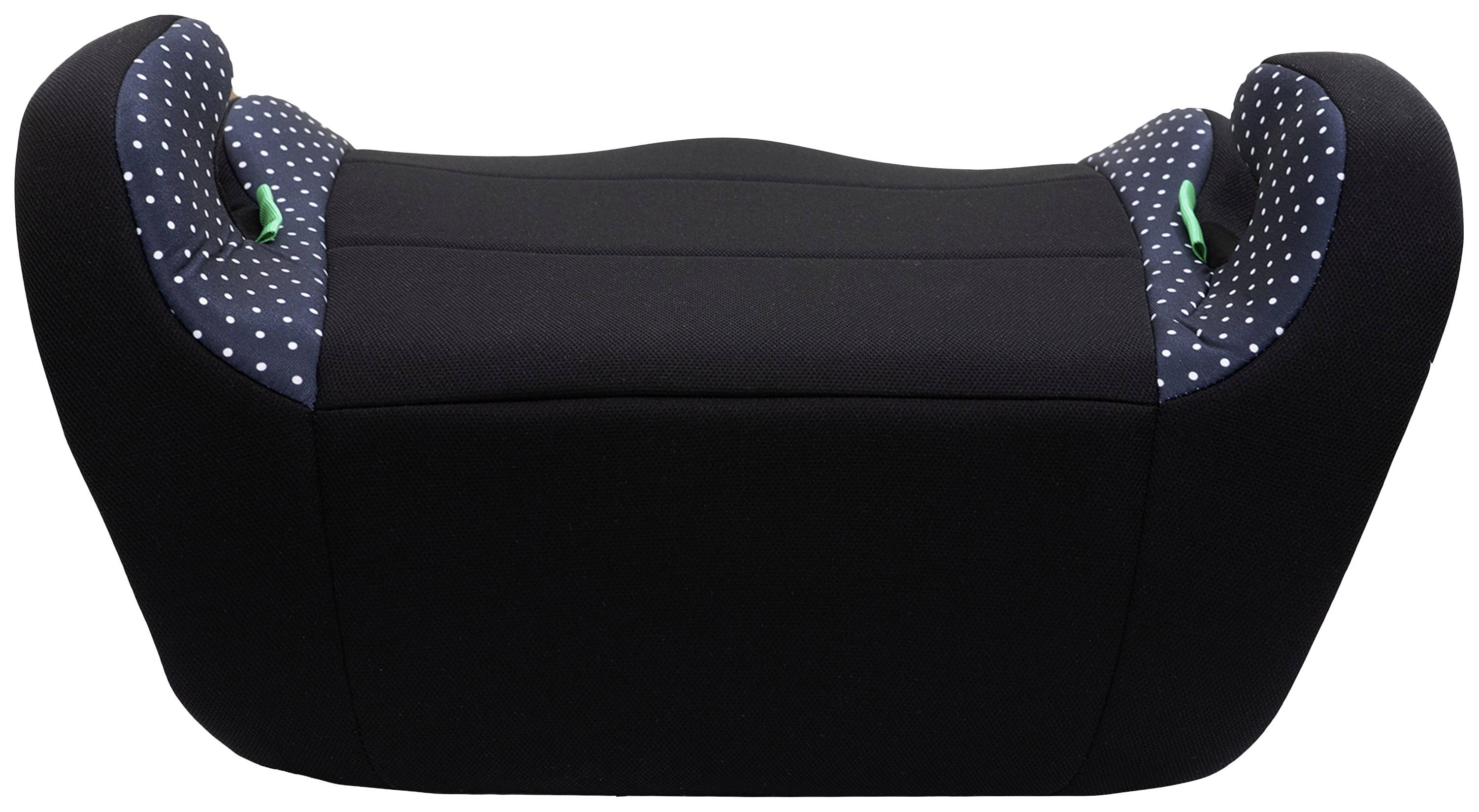 Czarny fotelik dziecięcy z nakładkami w groszki po obu stronach, zapewnia bezpieczeństwo i komfort podczas podróży samochodem.