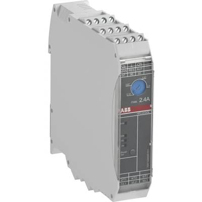 Szary elektryczny moduł sterujący z niebieskim pokrętłem i kilkoma zaciskami przyłączeniowymi, model 'ABB 2.4A'.