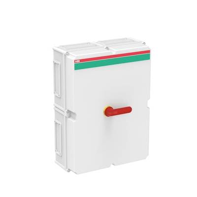 Biały elektryczny panel sterujący z czerwoną dźwignią pośrodku. Na górze widoczny jest wąski pas w kolorach zielonym i czerwonym.