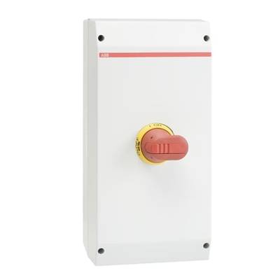 Białe elektryczne obudowa z dużym czerwonym przełącznikiem obrotowym pośrodku, otoczona żółtym kołem do sterowania obwodami elektrycznymi.