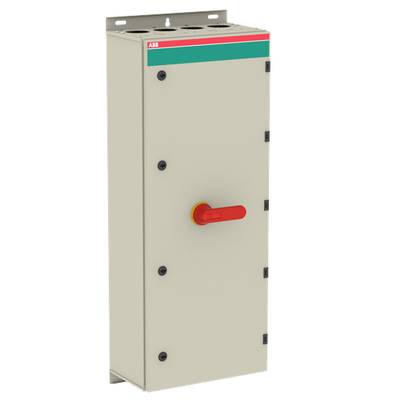 Duży, prostokątny, beżowy rozdzielnik elektryczny z czerwonym pokrętłem pośrodku. Przeznaczenie: sterowanie instalacjami elektrycznymi.