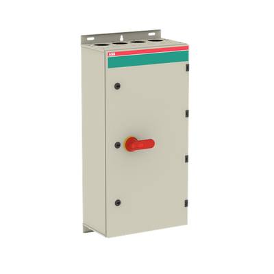 Elektryczna szafa sterownicza firmy ABB z czerwonym uchwytem z przodu. Obudowa jest prostokątna i w kolorze beżowym.