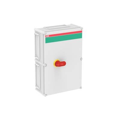 Obudowa elektryczna z czerwonym przełącznikiem z przodu i zielono-czerwoną etykietą w lewym górnym rogu. Stosowana do sterowania systemami elektrycznymi.