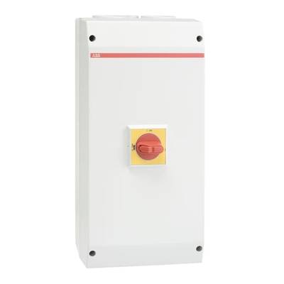 Elektryczna szafa sterownicza z czerwonym przełącznikiem na żółtym tle, prawdopodobnie służąca do sterowania lub wyłączania obwodów elektrycznych.
