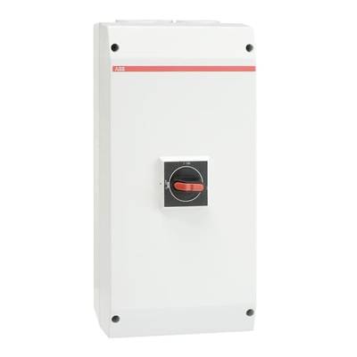 Elektryczny panel sterujący z czerwonym przełącznikiem pośrodku, otoczony białą obudową.