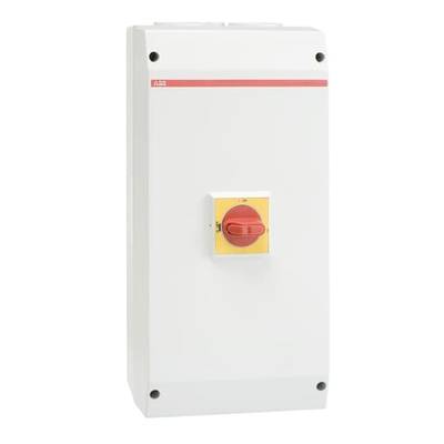 Biały, prostokątny przełącznik obudowy z czerwonym pokrętłem pośrodku, używany do sterowania systemami elektrycznymi.