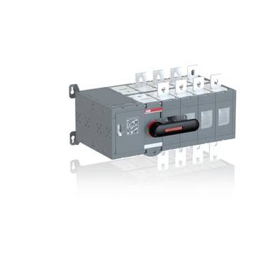 Szary rozdzielacz elektryczny firmy ABB z wieloma wyłącznikami i czarną dźwignią pośrodku, umieszczony na powierzchni odbijającej światło.